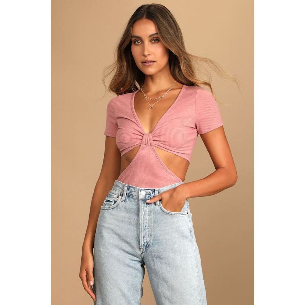 Lulus Just To Flirt Mauve Pink Ribbed Cutout Short Sleeve Top
